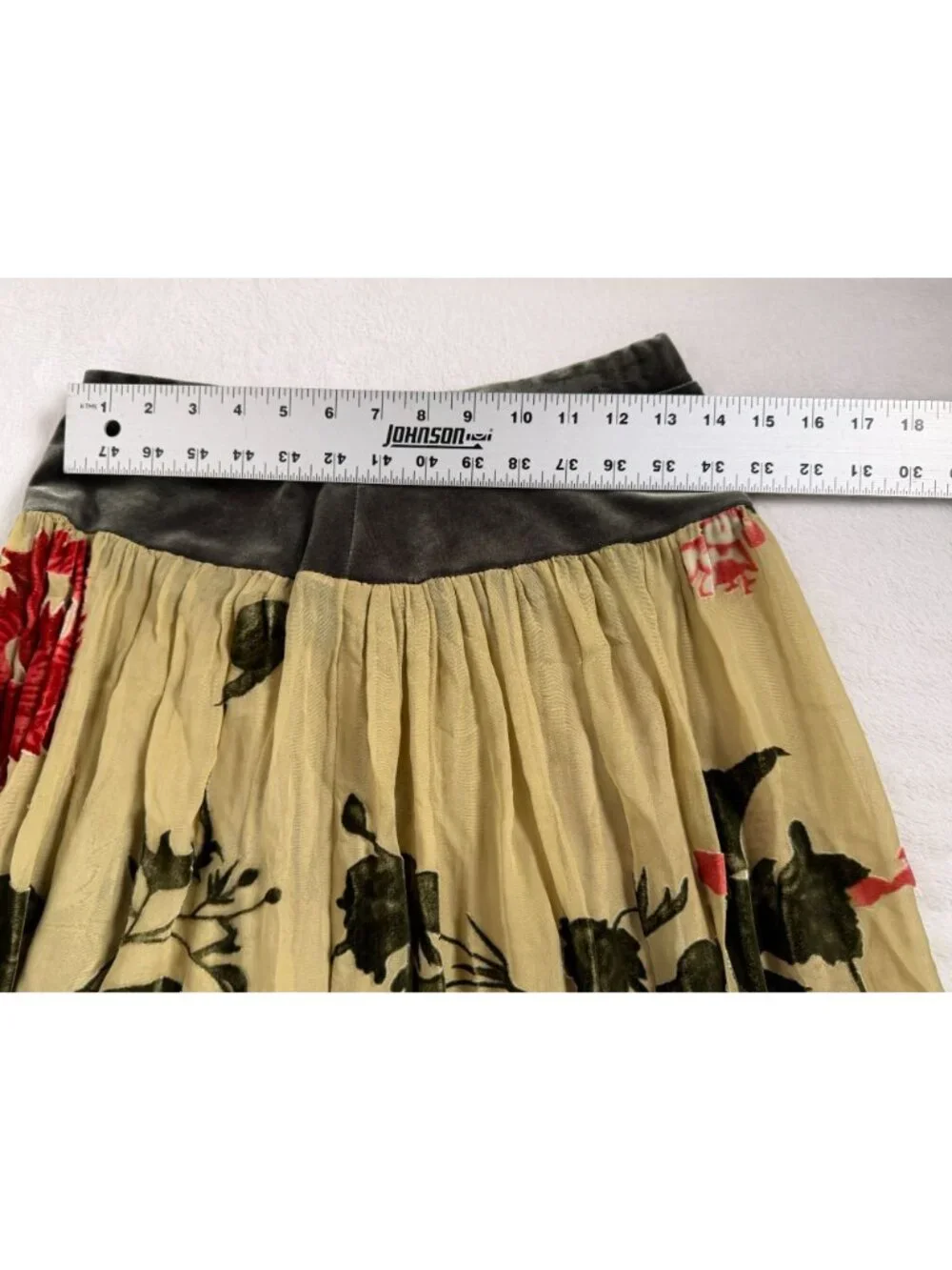 Velvet Burnout Floral Pleated Skirt Silk Blend Olive Green Beige Red Botanical